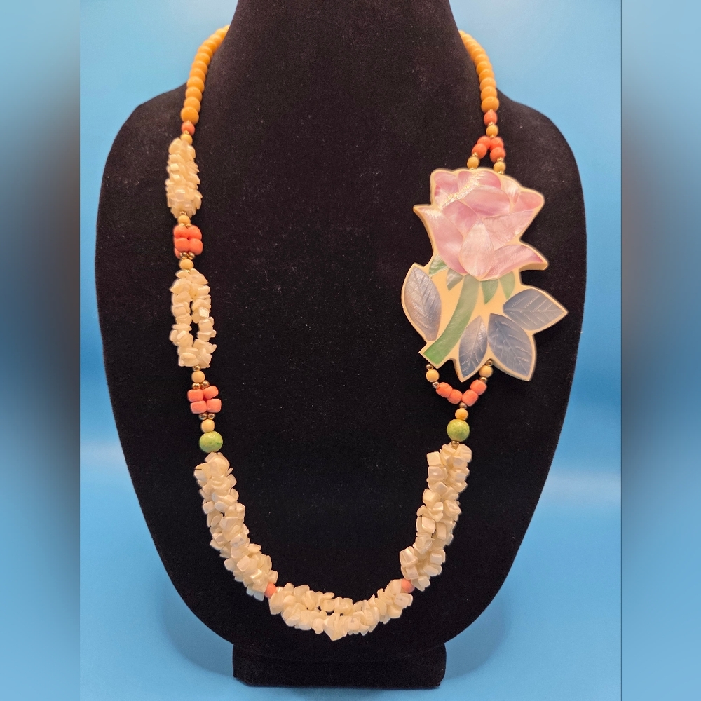Vintage Lee Sands Mother-of-Pearl And Abalone Mosiac Floral Statement Necklace